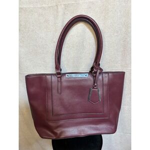 Guess Womens Burgundy Textured PVC Tote Bag Shoulder Purse Silver Hardware